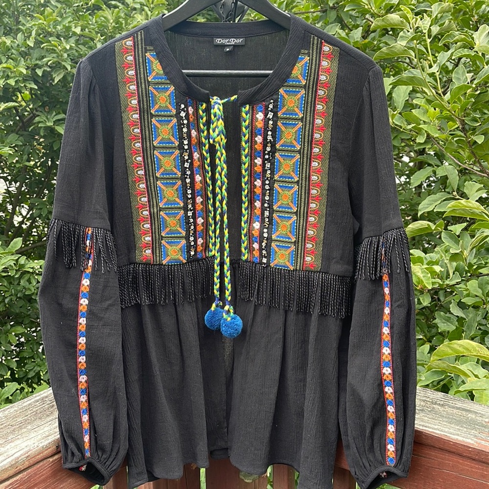 Anthropologie Dor Dor Couture Embroidered Beaded Rhinestone Fringe Shacket Top - Picture 4 of 16